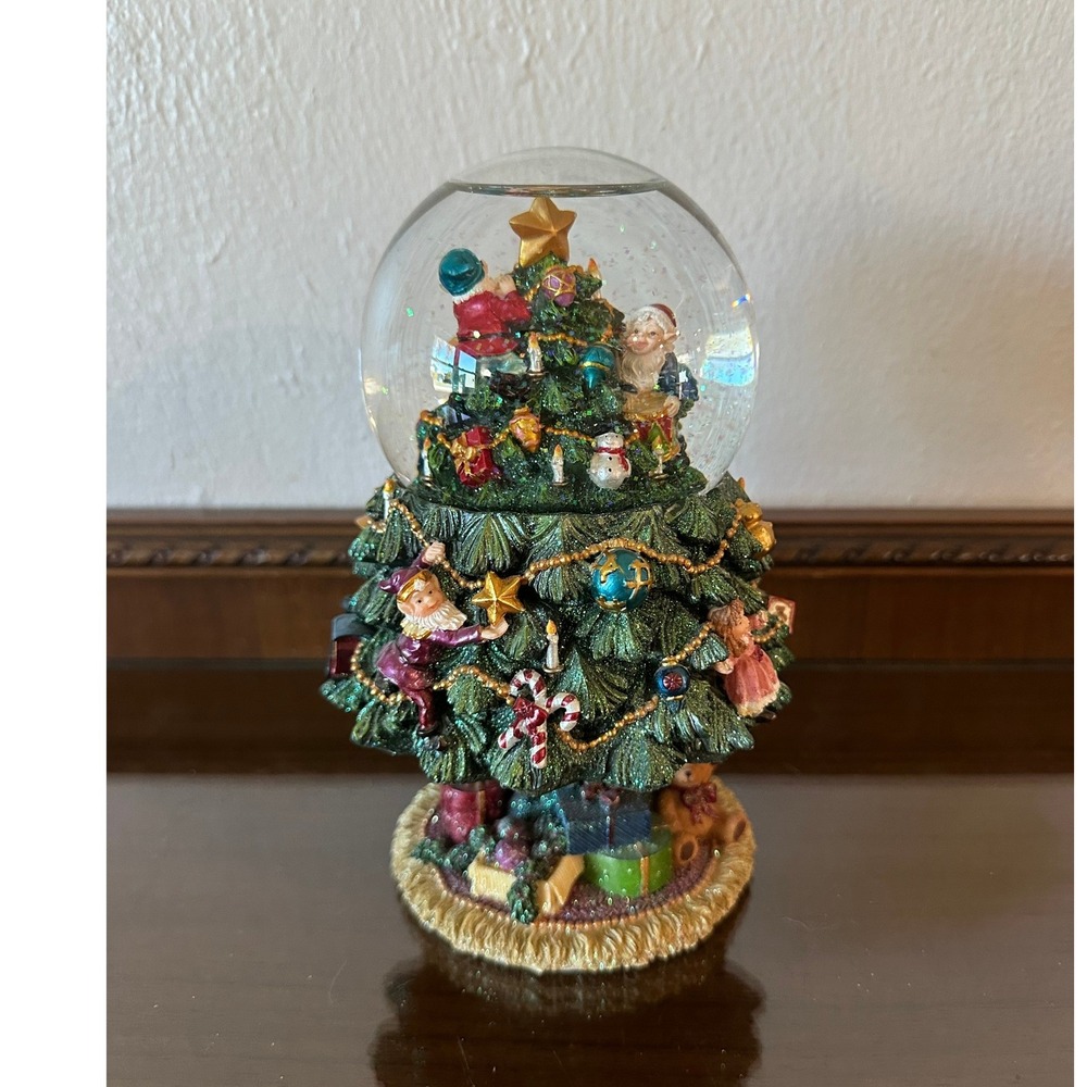 Christmas Tree Snow Globe Resin Base Elves Ornaments Holiday Decor 7.5 Inch